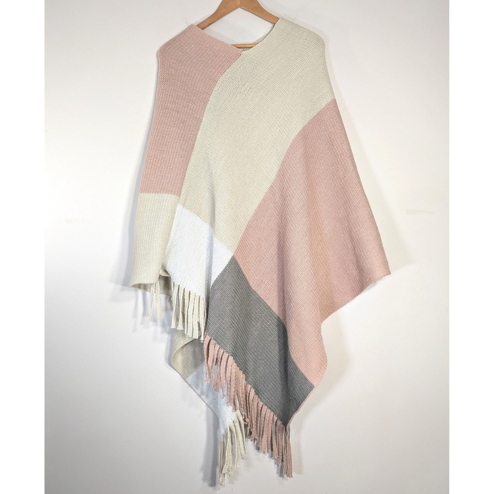 Marleylilly Multicolor Poncho; Colorblock Fringe Knit Plus Size